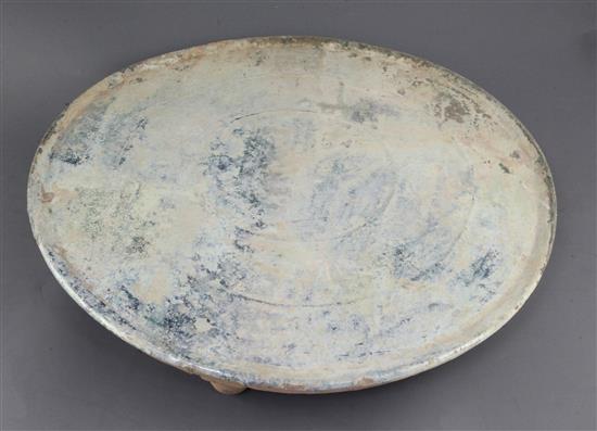 A Chinese green glazed pottery circular tray, Han dynasty, 44cm